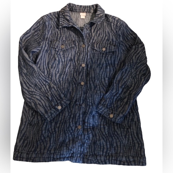 Chico’s Zebra-Print Elongated Denim Jacket Unlined Fall Button Up 3/16 Blue - Picture 1 of 8